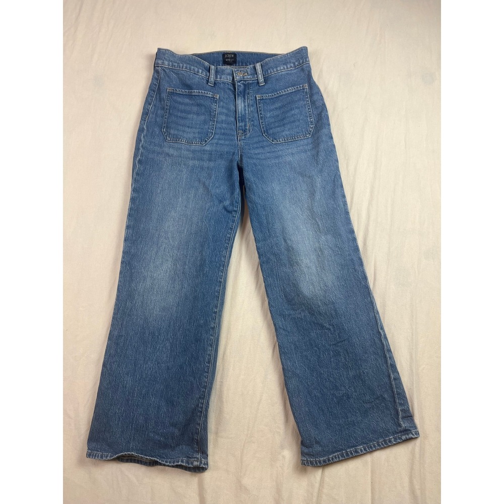 J.Crew Wide-Leg Crop Jeans Medium Wash Denim Size 27 High Rise Patch Pockets